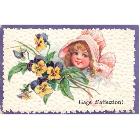 n°29943 - Carte Gaufrée - Style Brundage - Gage d'Affection - Visage d'une fillette avec des pensées