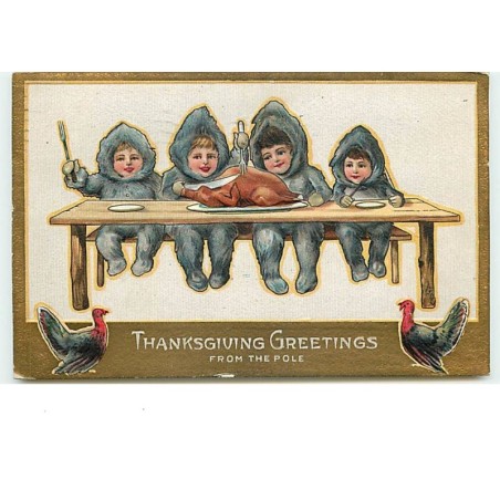 n°13709 - Carte Gaufrée - Thanksgiving Greetings from the Pole - Enfants à table se préparant à manger une dinde