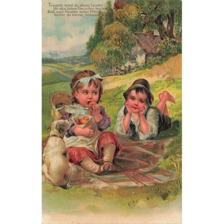 n°29947 - Carte Gaufrée - Fantaisie - Enfants dans un champs, la fillette mangeant des pommes - Chien