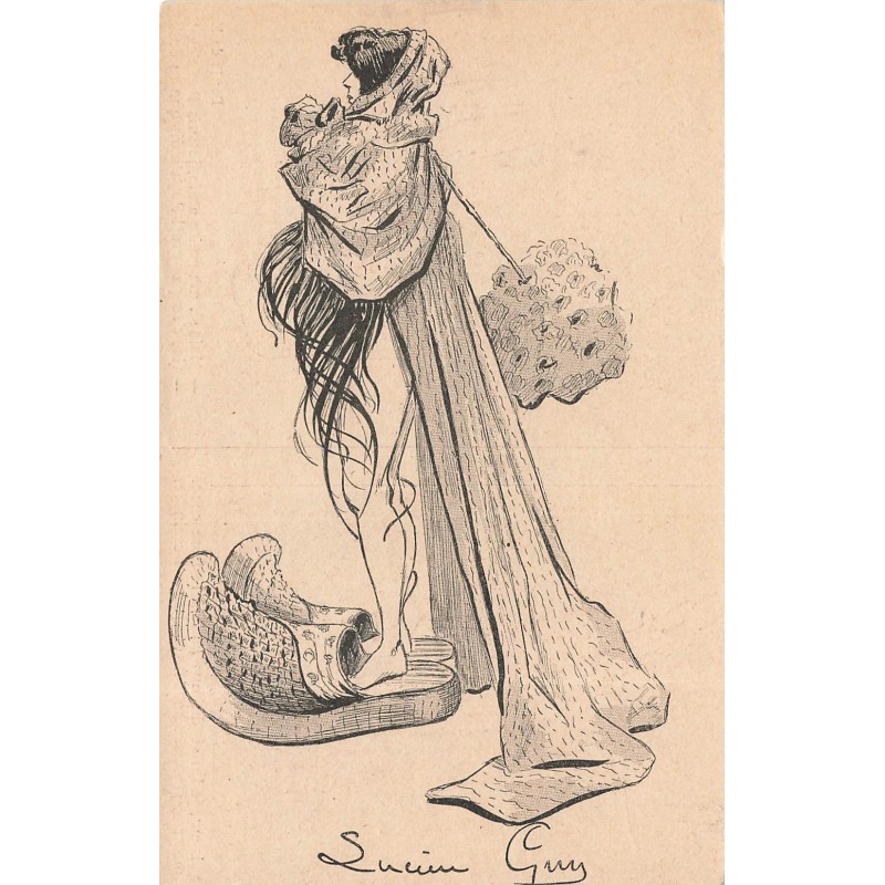 n°29951 - Illustrateur Lucien Guy - Jeune femme de dos, les pieds dans des très grandes chaussures - Mode