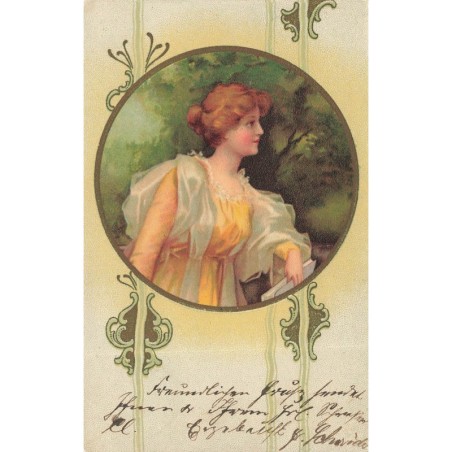 n°29959 - Clapsaddle - Une jeune femme de profil tenant un livre, dans un médaillon