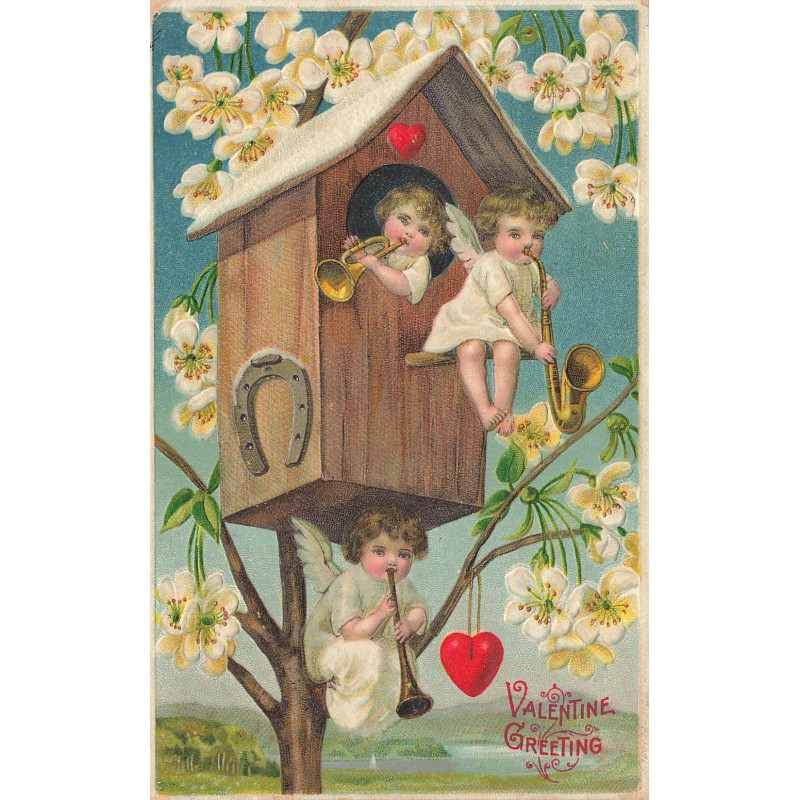 n°29963 - Carte Gaufrée - Valentine Greeting - Anges dans un nichoir, jouant de la musique