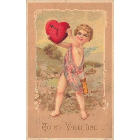 n°29964 - Carte Gaufrée - To My Valentine - Cupidon montrant un coeur percé par une flèche