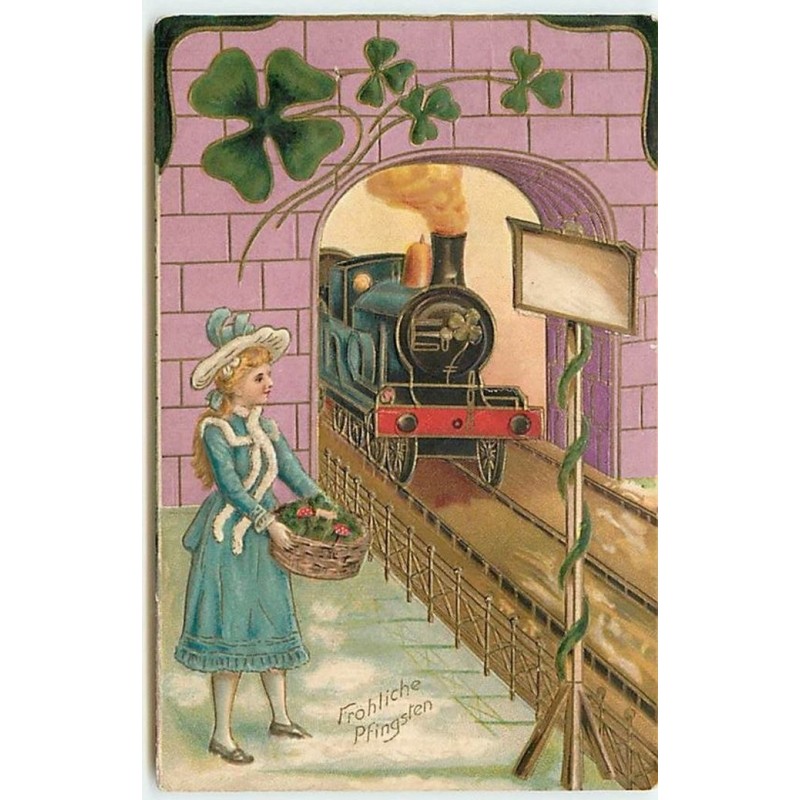 n°13711 - Carte Gaufrée - Fröhliche Pfingsten - Fillette tenant un panier avec des champignons sur le quai du Gare - tra