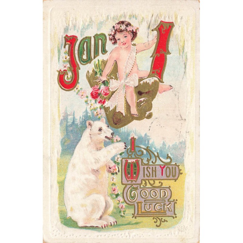 n°29967 - Carte Gaufrée - I wish you good luck - Ours blanc avec un enfant sur une cloche