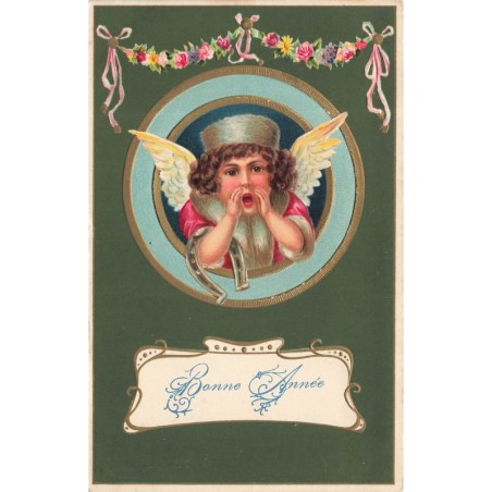 n°29968 - Carte Gaufrée - Bonne Année - Ange avec un fer à cheval, criant
