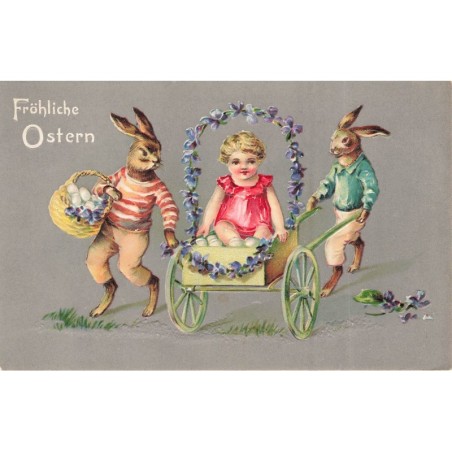 n°29969 - Carte Gaufrée - Fröhliche Ostern - Lièvres poussant un enfant assis dans une charette