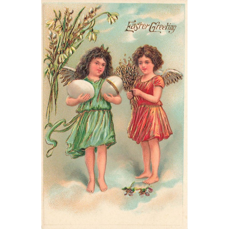 n°29972 - Carte Gaufrée - Easter Greeting - Deux anges, l'une portant des oeufs