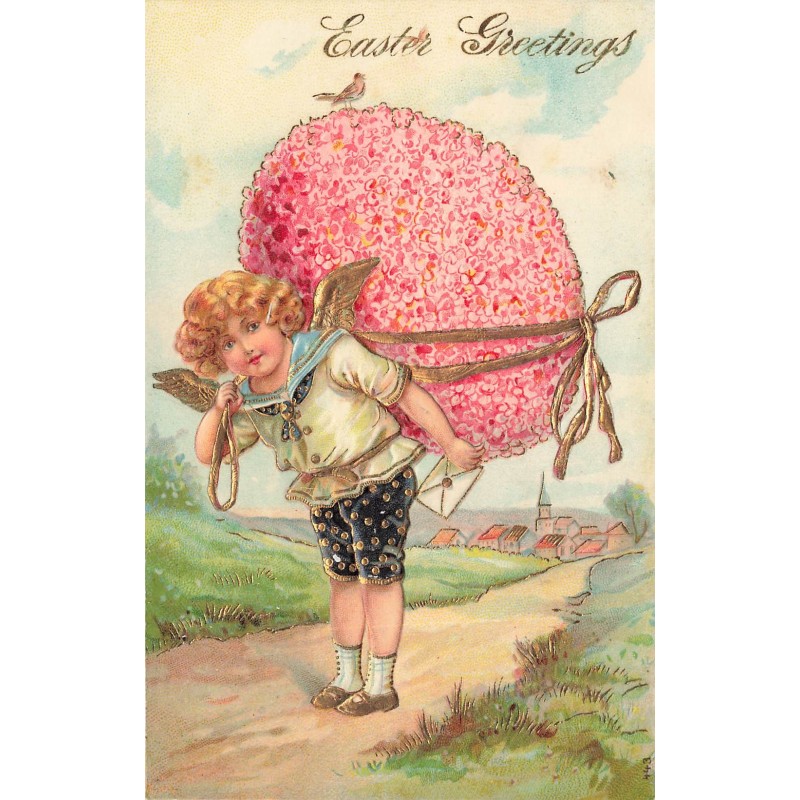 n°29974 - Carte Gaufrée - Easter Greetings - Garçon portant un oeuf décoré de fleurs roses