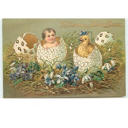 n°13718 - Carte Gaufrée - A Bright and Happy Easter - Bébé et poussin sortant d'oeufs