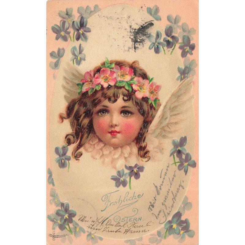 n°29976 - Pâques - Fröhliche Ostern - Portrait d'un ange portant une couronne de fleurs - violettes