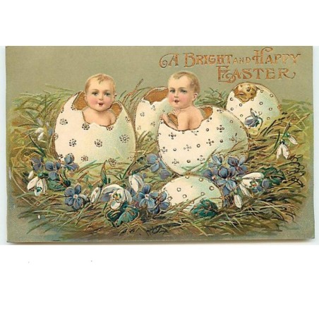 n°13719 - Carte Gaufrée - A Bright and Happy Easter - Bébés et poussin sortant d'oeufs