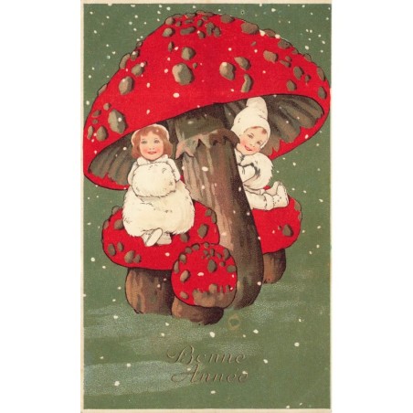 n°29992 - Flatscher - Bonne Année - Enfants se protégeant sous un champignon de la neige