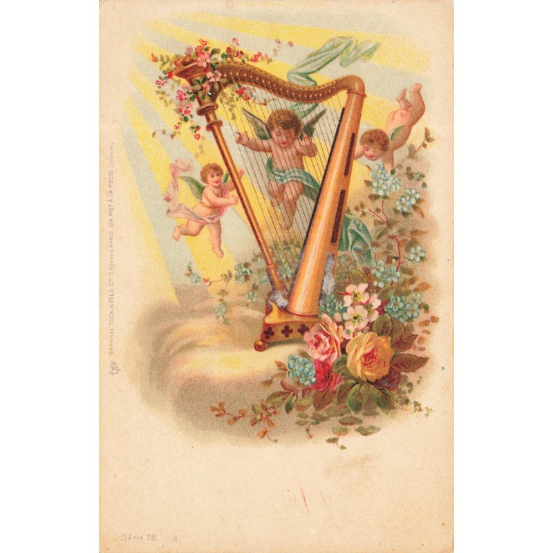 n°29993 - Tuck - Anges jouant de la harpe, entourée de fleurs - Confiserie J. Chermet -Marseille
