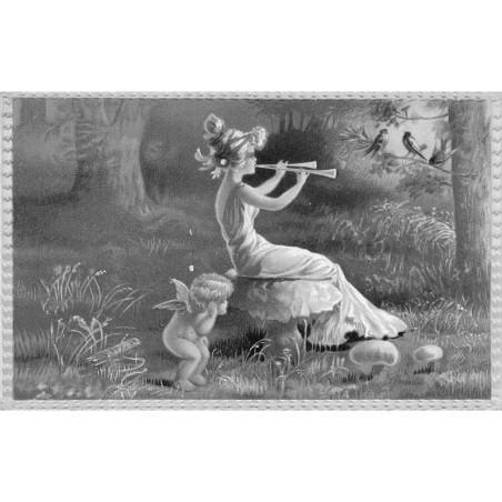 n°29995 - Ange écoutant une jeune femme, fée jouant de la flûte pour des oiseaux - champignon