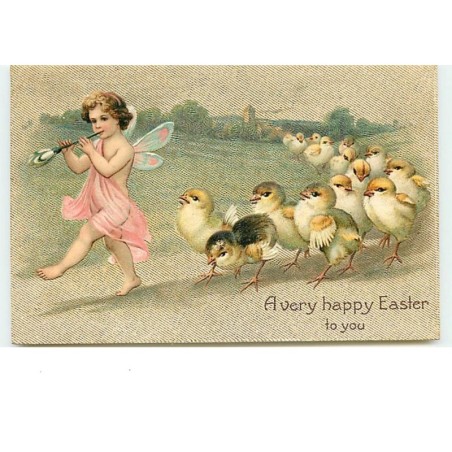 n°13724 - Carte Gaufrée - A very Happy Easter to You - Ange menant des poussins