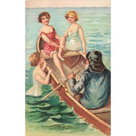 n°29996 - Carte Gaufrée- Fantaisie - Baigneuses dans la barque d'un vieux marin
