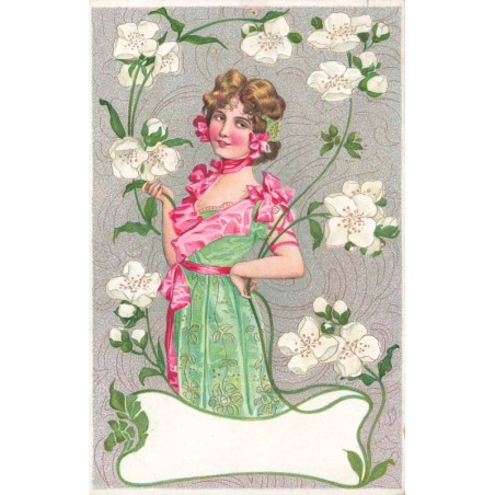 n°29997 - Fantaisie - Art Nouveau - Jeune femme au milieu de fleurs - Maatschappij tot Detail-Verkoop van Petroleum
