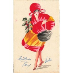 n°29951 - Illustrateur Lucien Guy - Jeune femme de dos, les pieds dans des très grandes chaussures - Mode