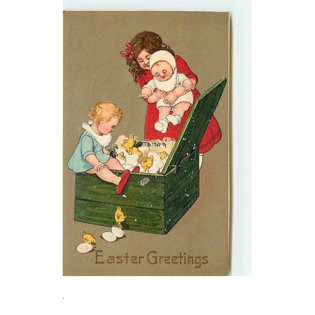n°13725 - Carte Gaufrée - Flatscher - Easter Greetings - Enfants ouvrant un coffre plein de poussins