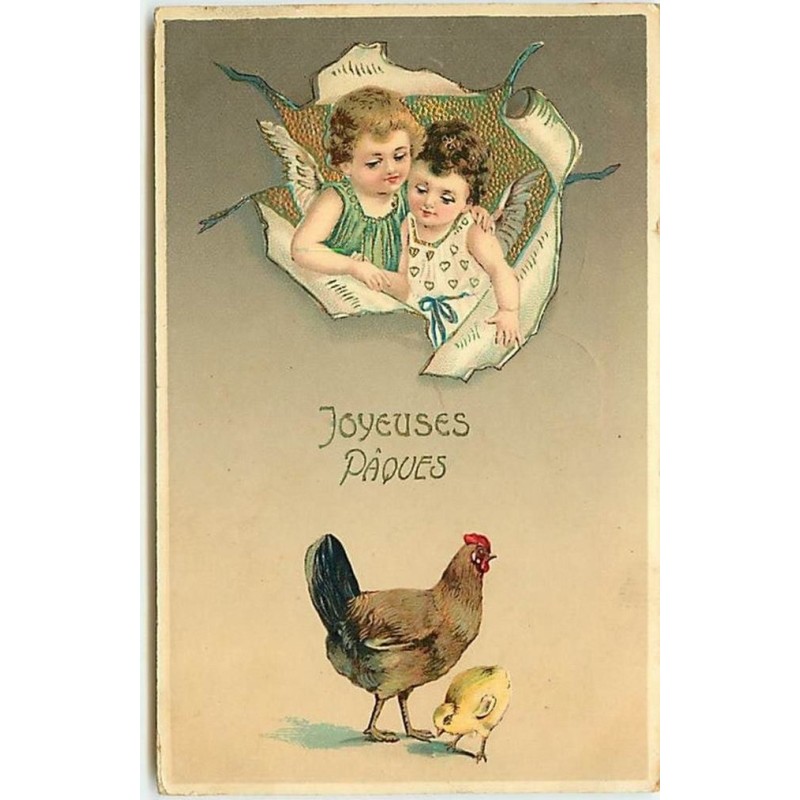 n°13729 - Carte Gaufrée - Joyeuses Pâques - Anges regardant une poule et son poussin