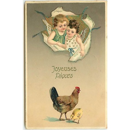 n°13729 - Carte Gaufrée - Joyeuses Pâques - Anges regardant une poule et son poussin