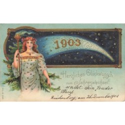 n°29981 - Joyeux Noël - Anges près d'un sapin dans le ciel au-dessus d'un village