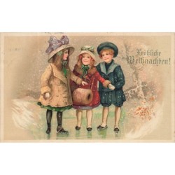 n°29987 - Carte Gaufrée - A Merry Christmas - Fillette tenant un cornet de friandise, avec un oiseau sur l'épaule