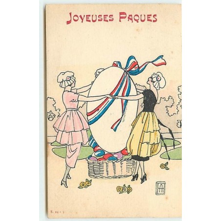 n°13734 - Joyeuses Pâques - Jeunes femmes dansant autour d'un oeuf décoré d'un ruban tricolore