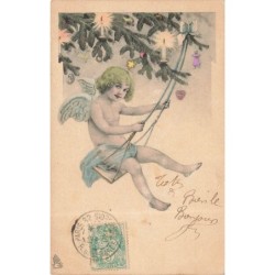 n°30000 - Carte Gaufrée - Fantaisie - Boldog Ujévet - Enfants jouant à la balancelle, pièces d'or, cochon et fleurs