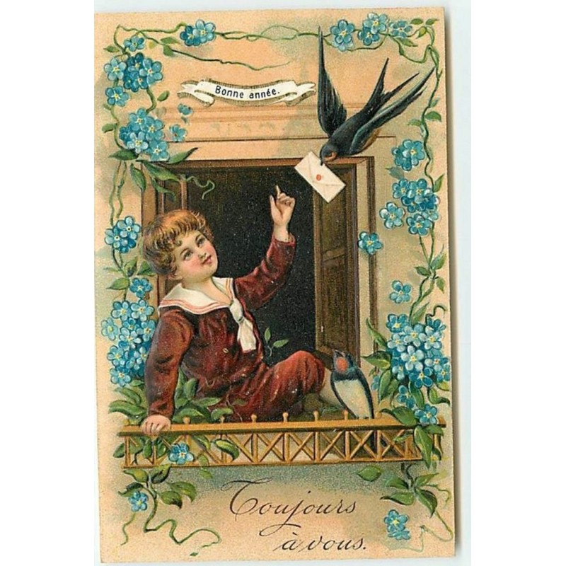 n°13738 - Carte Gaufrée - Bonne Année - Hirondelle apportant une lettre à une jeune garçon