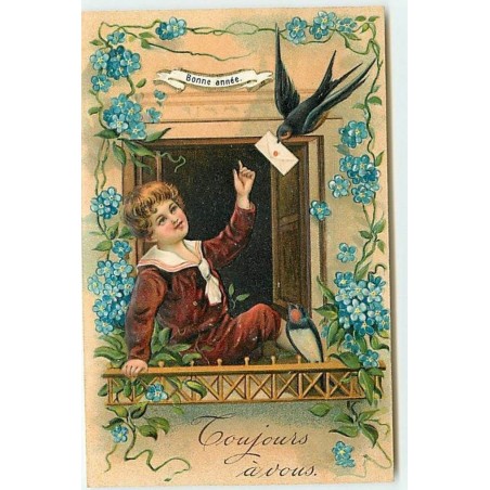 n°13738 - Carte Gaufrée - Bonne Année - Hirondelle apportant une lettre à une jeune garçon