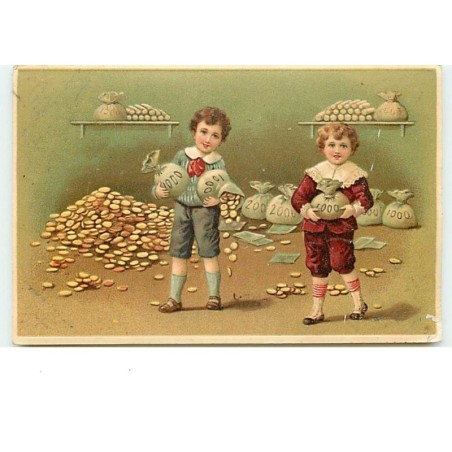 n°13741 - Carte Gaufrée - Garçons portant des sacs remplis de pièces d'or