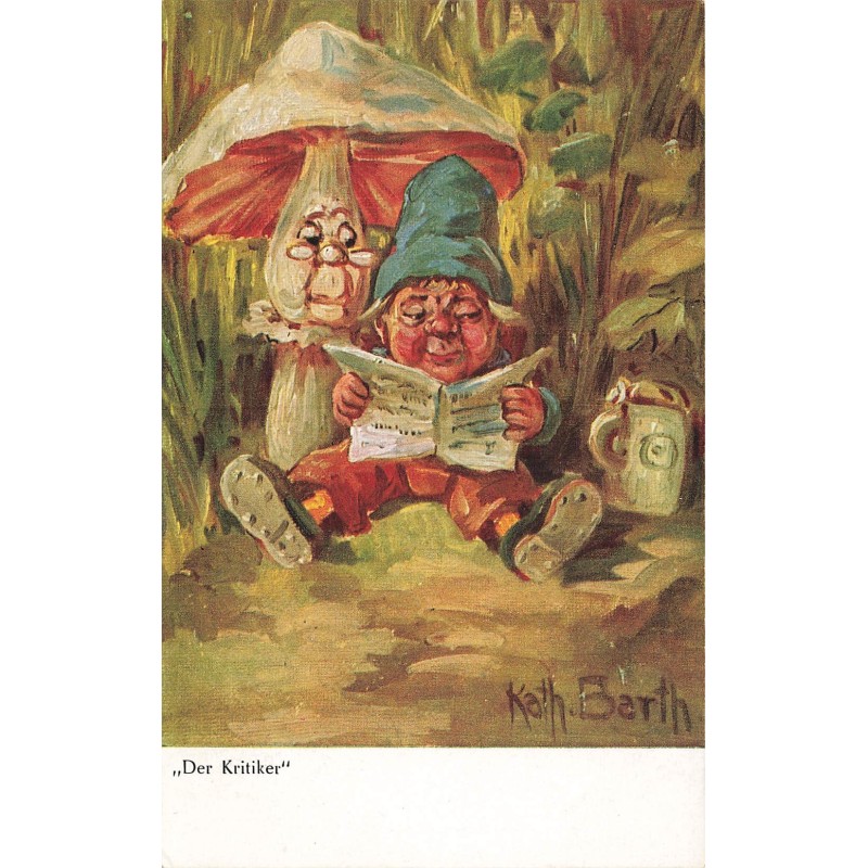 n°30012 - Illustrateur K. Barth - Der Kritiker - Nain et un champignon humanisé lisant un journal