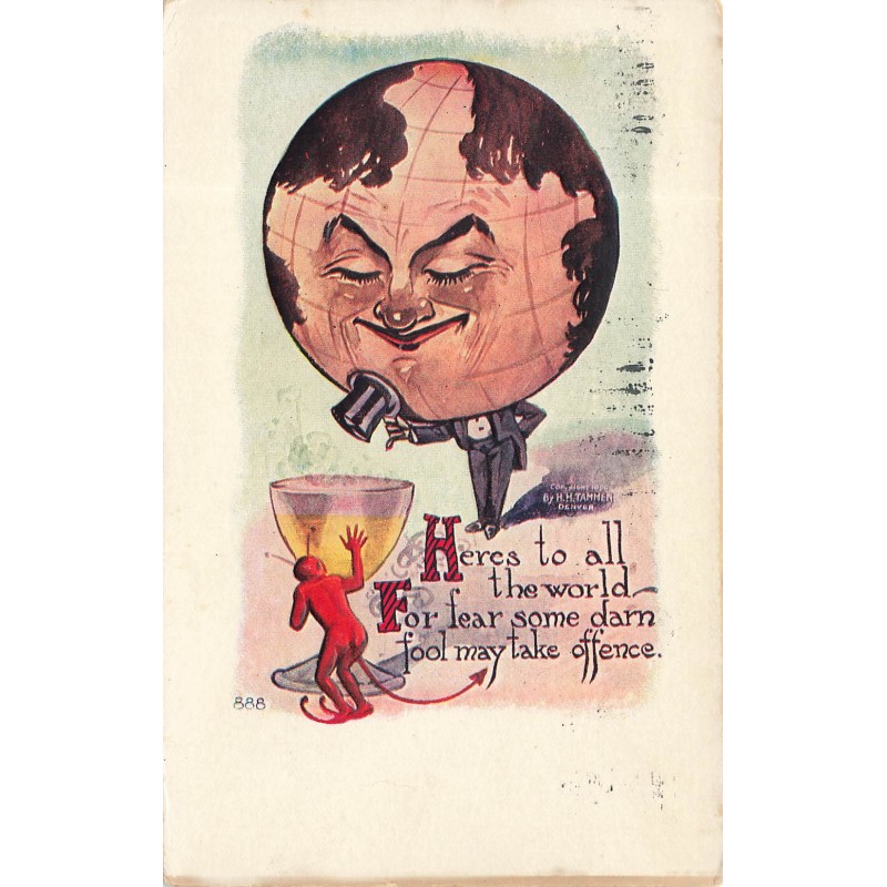 n°30022 - Carte Gaufrée - HH Tammen - Heres to all the world ... - Globe terrestre humanisé saluant un diable