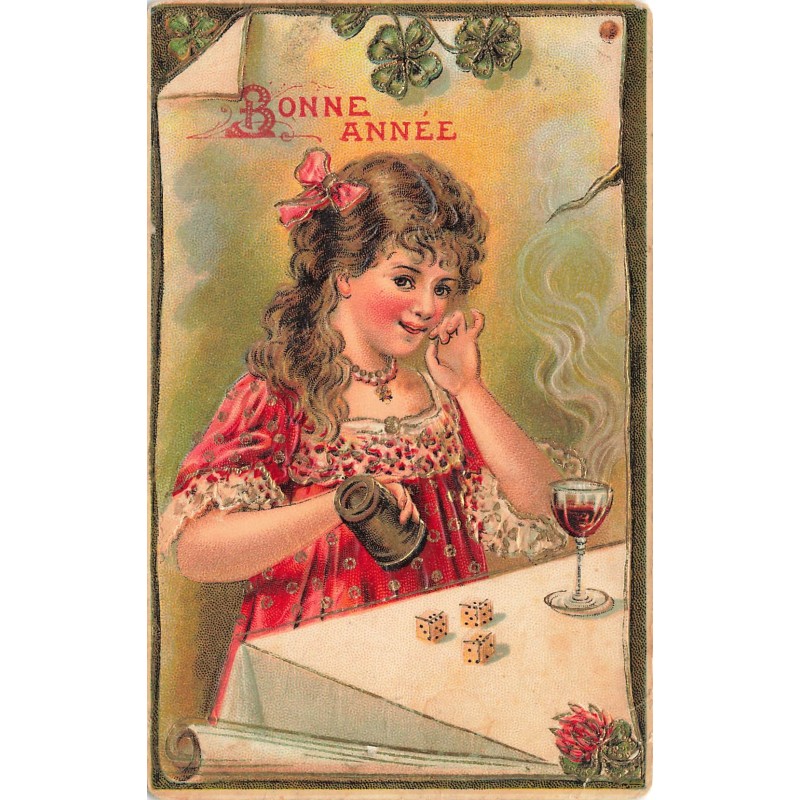 n°30026 - Carte Gaufrée - Nouvel An - Bonne Année - Jeune fille lançant des dés