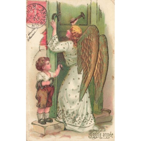 n°30027 - Carte Gaufrée - MSIB 13555 - Bonne Année -Garçon aidant un ange gardien à accroché des fers à cheval