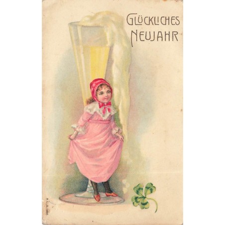 n°30030  - Carte Gaufrée - MSIB 13666 - Glückliches Neujahr - Fillette adossée à une flûte de champagne