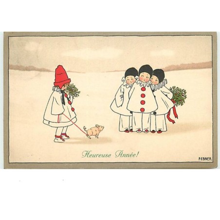 n°13753 - P. Ebner - M.M. Vienne n°776 - Bonne Année - Fillette tenant un cochon en laisse