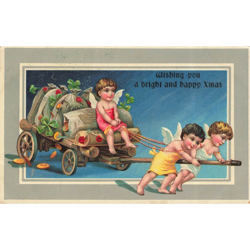n°30038 - Noël - Wishing you a bright and happy Xmas - Anges tirant un chariot rempli de sac de pièces d'or