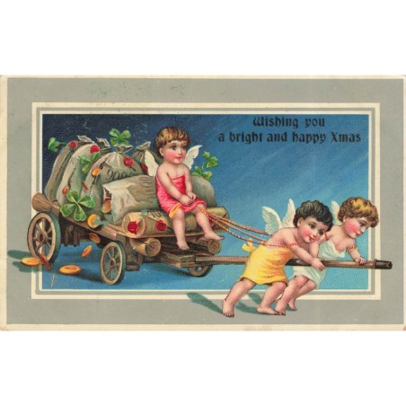 n°30038 - Noël - Wishing you a bright and happy Xmas - Anges tirant un chariot rempli de sac de pièces d'or