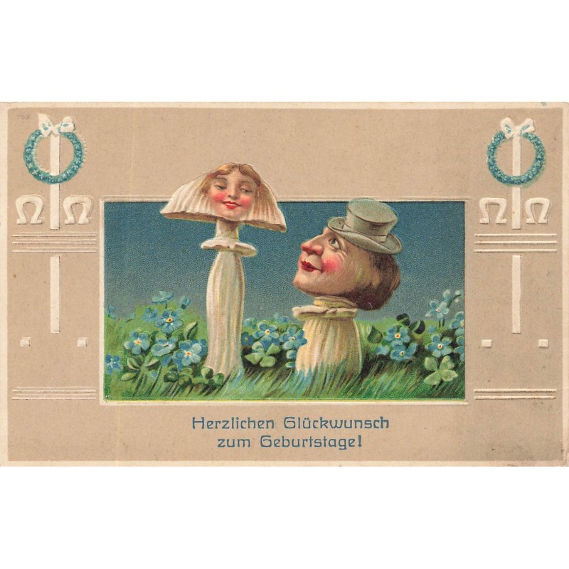 n°30040 - Carte Gaufrée - Anniversaire -Herzlichen Glückwunsch zum Geburstage - Champignons humanisés