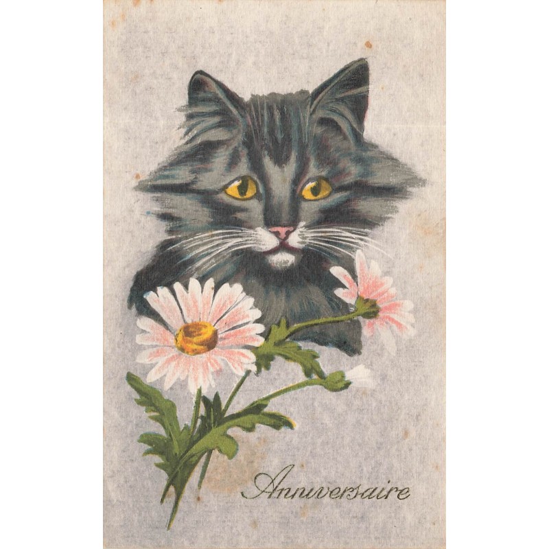 n°30042 - Anniversaire - Portrait de Chat avec des Marguerites