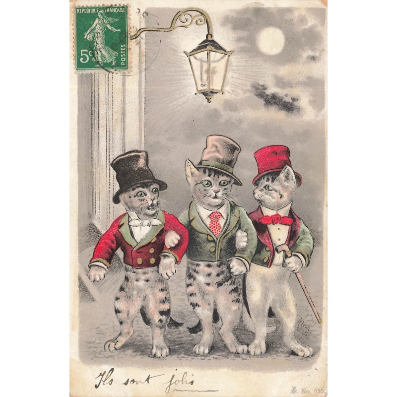 n°30044 - Fantaisie - Chats habillés marchant dans une rue au clair de lune