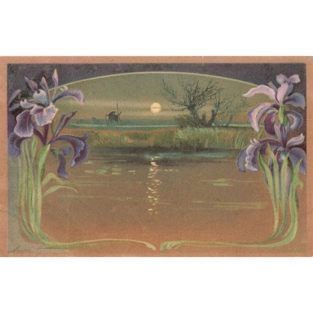 n°30045 - Art Nouveau - Paysage au clair de lune, avec au fond un moulin à vent - Iris