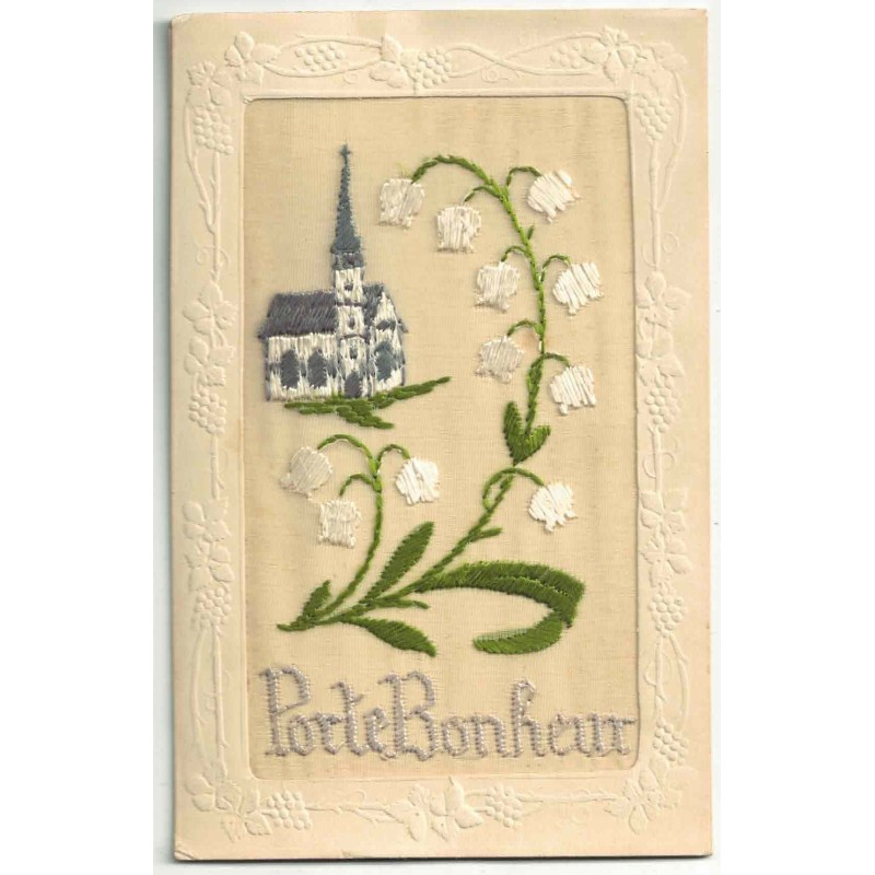 n°30051 - Carte Brodée - Porte Bonheur - Eglise et Muguet