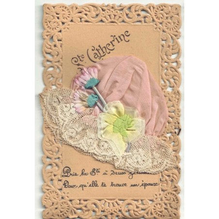 n°30054 - Sainte-Catherine - Bonnet Rose, dentelle et fleurs de Sainte-Catherine