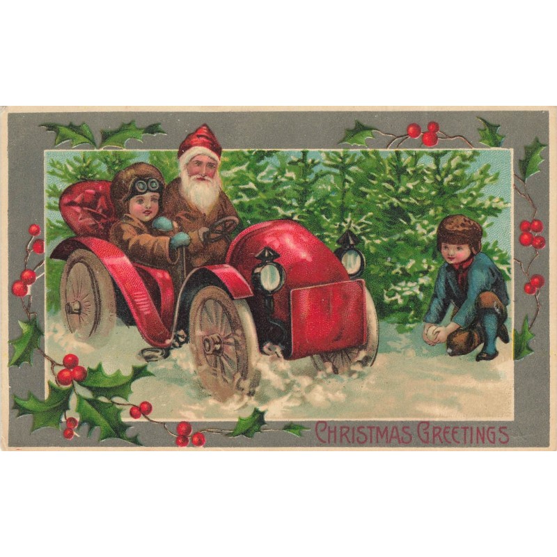 n°30067 - Christmas Greetings - Père Noël au volant d'une voiture, un garçon préparant une boule de neige