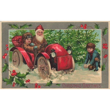 n°30067 - Christmas Greetings - Père Noël au volant d'une voiture, un garçon préparant une boule de neige