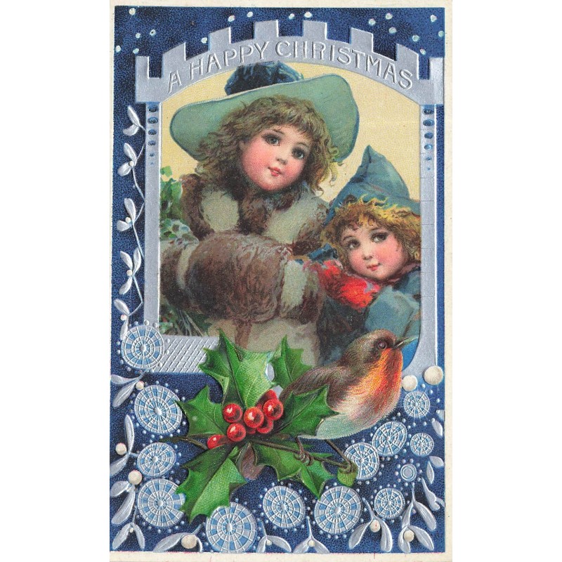 n°30068 - Carte Gaufrée - Noël - A Happy Christmas - Fillettes admirant un rouge-gorge